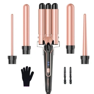 Abbildung von BESTOPE PRO Lockenstab Lockenstäbe 3 Fässer Welleneisen 5 in 1 Set für großer Wellen, Temperatureinstellung, Schnellaufheizung und einem Handschuh, 2 Clips, Roségold