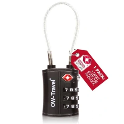 Abbildung von OW Travel Kabelschloss 3 Stellig Zahlenschloss Kofferschloss Vorhängeschloss Gepäckschloss Sicherheitsschloss TSA Lock Cable USA Schloss Zahlencode für Reisekoffer Spind Rucksack Luggage:1 Schwarz