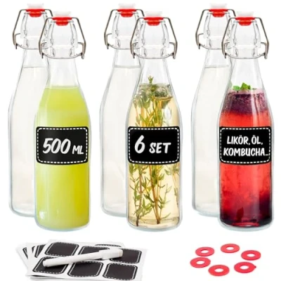 Abbildung von 6er Set Glasflaschen 500ml mit Bügelverschluss Bügelflaschen Zum Befüllen inkl 6 Extra Dichtungen &amp; 12 Etiketten Stift für Öl, Essig, Saft Limonade