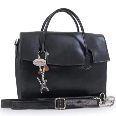 Abbildung von Catwalk Collection Handbags Damen Leder Umhängetasche Crossbody Bag Mittelgroß Arbeitstasche mit Verstellbarer Schultergurt ELLA Schwarz