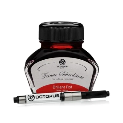 Abbildung von Octopus Fluids Füllhaltertinte im Tintenglas inklusive Konverter, Schreibtinte für Füllhalter, Füllertinte in Brillant Rot 30ml mit Tintenkonverter