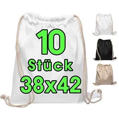 Abbildung von Baumwollbeutel 10 Stück 38x42cm Sportbeutel Rucksack Stofftasche Turnbeutel Bag, Beutel, Jutebeutel OEKO TEX® zertifiziert Stoffbeutel Einkaufsbeutel Gym Sac Sack zum bemalen Weiss