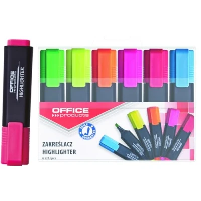 Abbildung von OFFICER PRODUCTS Textmarker Leuchtend/ 6er Pack/ Strichstärke 1 5mm/ Farbe: Gelb, Oragne, Rosa, Grün, Rot, Blau/Highlighter Textliner Die Ungiftige Tinte, Keilspitze Leuchtfarben