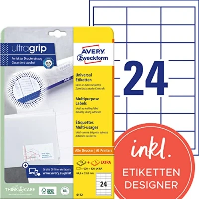 Abbildung von AVERY Zweckform 6172 Adressaufkleber (600 plus 120 Klebeetiketten extra, 64,6x33,8mm auf A4, Papier matt, bedruckbare Absenderetiketten, selbstklebende Adressetiketten mit ultragrip) 30 Blatt, weiß