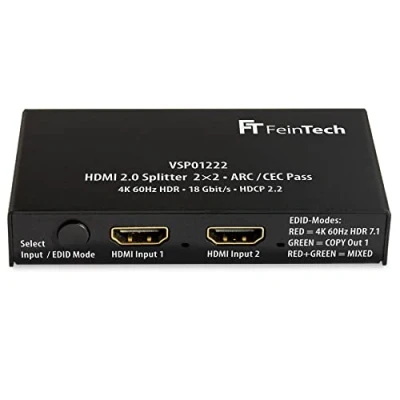 Abbildung von FeinTech VSP01222 HDMI 2.0 Splitter 2 Eingänge Ausgänge Scaler ARC Pass für AV Receiver 4K 60Hz HDR