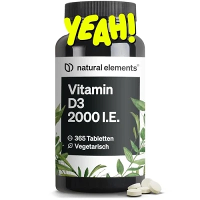 Abbildung von natural elements Vitamin D3 2000 I.E. 365 Tabletten für Knochen und Immunsystem hochdosiert, ohne unnötige Zusätze in Deutschland produziert &amp; laborgeprüft