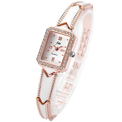 Abbildung von JewelryWe Damenuhr Elegant Analog Quarz Armbanduhr Damen Strass Rechteckig Römische Ziffern Beiläufige Uhr Spangenuhr mit Metall Armband Rosegold