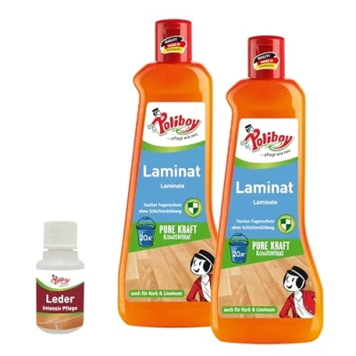 Abbildung von POLIBOY Laminat Reiniger Bodenreiniger für Laminat, Linoleum und Kork ergiebiges Reinigungskonzentrat mit Orangenduft 2x 500 ml inkl. Produktprobe Made in Germany