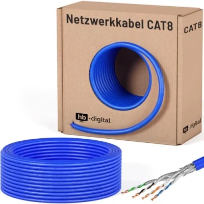 Abbildung von HB DIGITAL 25m Cat 8.1 Netzwerkkabel Verlegekabel Installationskabel Datenkabel Ethernet LAN Kabel Cat.8 bis zu 40 Gbit/s Kupfer S/FTP 2000 MHz PIMF LSZH Cat8 Halogenfrei RoHS Compliant AWG 22/1 blau