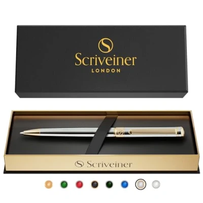 Abbildung von Scriveiner Kugelschreiber Hochwertiger Design in Silber mit 24 Karat Gold Details, schwarze Schmidt Ersatzmine, Geschenkbok, Büro set, Professionelle