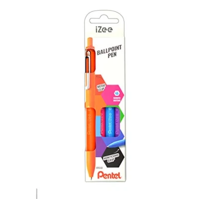 Abbildung von Pentel BX470 4COL Kugelschreiber IZee, Druckmechanik, Metallclip, 0, 5 mm Strichstärke, 4er Set: Orange, hellblau, pink, violett