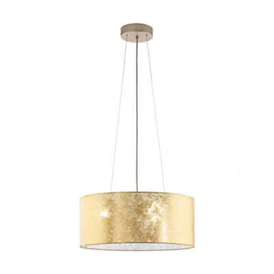 Abbildung von EGLO Pendelleuchte Viserbella, 3 flammige Hängelampe Vintage, Hängeleuchte aus Stahl und Textil in Champagner, Gold, Esstischlampe, Wohnzimmerlampe hängend mit E27 Fassung, Ø 53 cm