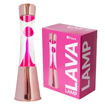 Abbildung von FISURA Lavalampe rosa. Roségoldfarbener Chromsockel, transparente Flüssigkeit und rosa Lava. mit Ersatzbirne. Maße: 11 x 39,5 Zentimeter.
