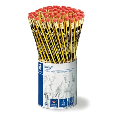 Abbildung von STAEDTLER Bleistifte mit Radiergummi Noris, HB, sechskantformat, hohe Bruchfestigkeit durch spezielle Minenrezeptur und hartverleimte Mine, Set 72 Bleistiften im Köcher, 122 KP72