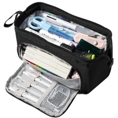 Abbildung von Diboniur Federmäppchen Groß mit 3 Etagen, Pencil Case Federmappe Tragbare, Mittelschule, Aufbewahrung von Schreibwaren (Schwarz)