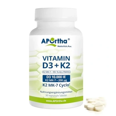 Abbildung von APOrtha® Vitamin D3 10.000 I.E + 200 µg K2 99+% ALL Trans, 365 vegetarische Tabletten hochdosiert u. teilbar, Premium D und K Tablette leicht zu schlucken Alternative Tropfen Kapseln