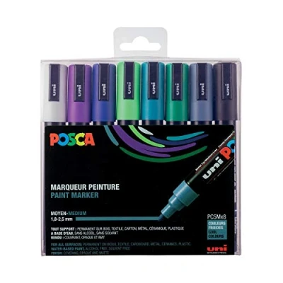 Abbildung von POSCA Mitsubishi Pencil 8 Marker PC5M konische Spitze kalte Farben, mittlere für Farbe auf Wasserbasis Papier, Textilien, Glas, Kieselstein, Holz
