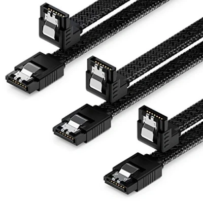 Abbildung von deleyCON 3x 30cm SATA 3 Kabel Nylon Set 6 Gbit/s Datenkabel III Anschlusskabel Serial ATA Verbindungskabel für Mainboard &amp; Festplatte HDD SSD 1 S L Stecker 90 Gewinkelt Schwarz