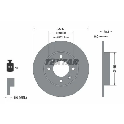 Abbildung von TEXTAR PRO 92111703 Bremsscheibe 247 9 04/06 108 voll beschichtet ohne Radbefestigungsbolzen, Radnabe PEUGEOT: Partner II Tepee, 307 SW