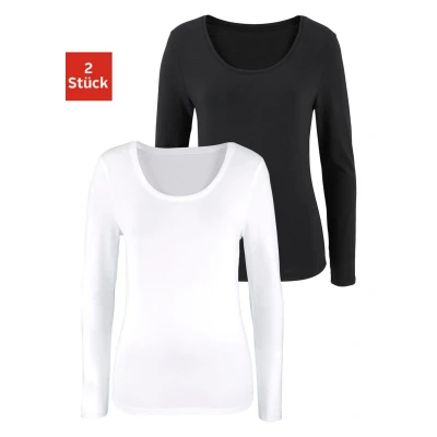 Abbildung von Lascana Langarm 2PACK Langarmshirt Schwarz weiß, Damen, Größe: 32/34, weiß
