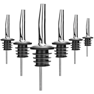 Abbildung von com four® 6x Flaschenausgießer Dosierausgießer aus Edelstahl Portionierer für Schnaps, Rum, Whiskey, Drinks oder Essig und Öl (06 Stück silberfarben ohne Deckel)