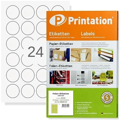 Abbildung von Printation Etiketten rund 40mm transparent matt 600 runde Folien 40 mm Klebepunkte selbstklebend auf 25 DIN A4 Bogen 24 Aufkleber pro Blatt wasserfest