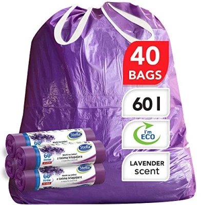 Abbildung von Stella Bio Müllbeutel 60 L 40 Stück Umweltfreundlich und recycelbar Mülltüten aus Kunststoffabfällen Ultra Starke Flexible Müllsäcke Lavendel Duft Lila Farbe mit Zugband
