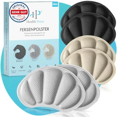 Abbildung von Health Press® Fersenpolster Schuhe Premium Fersenschutz Fersenkissen 3 Paar Schuheinlagen in Schwarz, Grau, Beige Antirutsch Einlagen für große Fersenschutzpolster gegen Reibung, Blasen