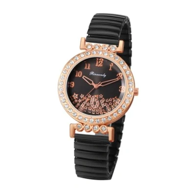 Abbildung von JewelryWe Damenuhr Elastisch Diamant Uhr: Glitzer Zirkonia Sterne Analog Quarz Armbanduhr Damen Schwarz Edelstahl Stretch Armband Lässige Uhr mit Zugarmband &amp; leicht ablesbarem Digitalskala
