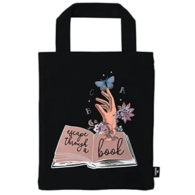 Abbildung von moses. 83353 Büchertasche Escape through a book, Kleine Tragetasche aus 1,Baumwolle, Für Vielleser das perfekte Geschenk zum Buch, Schwarz