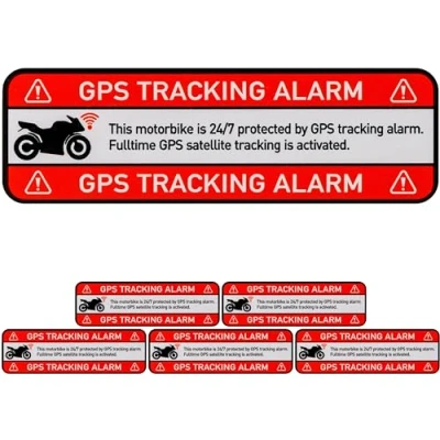 Abbildung von Aufkleber Set &quot;MOTORBIKE GPS TRACKING ALARM!&quot;, 6 Stück, 67 x 21 mm, selbstklebende Folie, außenklebend, Motorrad Warnhinweis Sticker Außenbereich, Diebstahlschutz Mopped, Klebesticker alarmgesichert