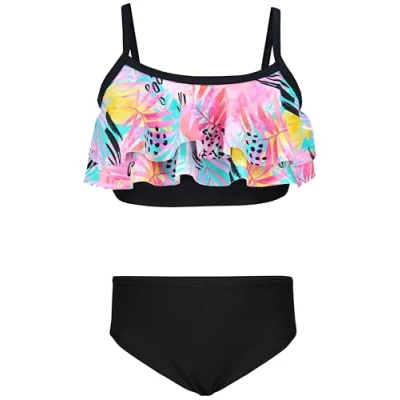Abbildung von Aquarti Mädchen Bikini Set Bustier Bikinislip Zweiteiliger Badeanzug, Farbe: 030I mit Rüschen/Blätter/Rose/Gelb/Schwarz, Größe: 128