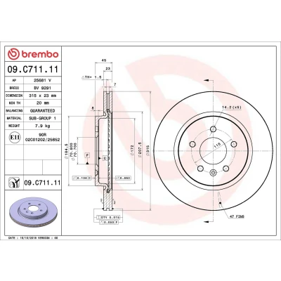 Abbildung von BREMBO 09.C711.11 Bremsscheibe 315 23 5 innenbelüftet beschichtet OPEL: Zafira C Tourer