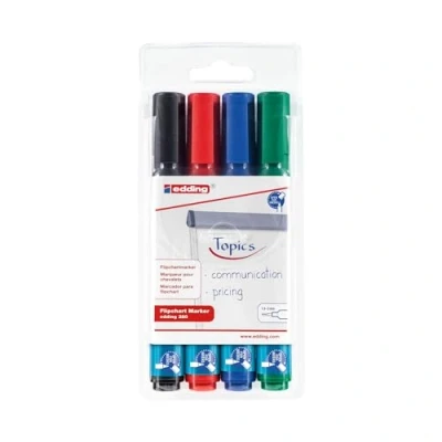 Abbildung von edding 380 Flipchart Marker 4er Set schwarz, rot, blau, grün Rundspitze 1,5 3 mm Stift zum Schreiben, Zeichnen und Markieren auf Flipcharts Tinte schlägt nicht durch Papier trocknet aus