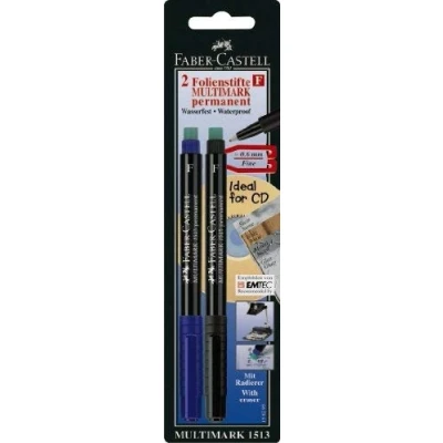 Abbildung von FABER CASTELL 156295 Marker MULTIMARK permanent, Stärke: F, 2er Packung, blau und schwarz