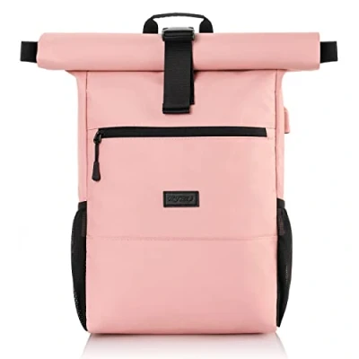 Abbildung von RJEU Rucksack Damen,Schulrucksack Mädchen Teenager,Rolltop Frauen mit 12 17 Zoll Laptopfach für Freizeit,Uni,Schule,Arbeit,Reisen (Rosa2 26L)