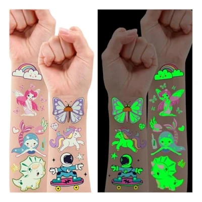 Abbildung von Leesgel Tattoo Kinder Jungen Mädchen, 140 Stück Leucht Gemischte Aufkleber Kindertattoos Sticker, Mitgebsel Kindergeburtstag Gastgeschenke Geburtstagsdeko Geschenke Party Deko