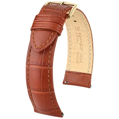 Abbildung von HIRSCH Uhren Armband Duke M Uhr Band aus italienischem Kalbs Leder mit Alligator Prägung Goldbraun 14 mm