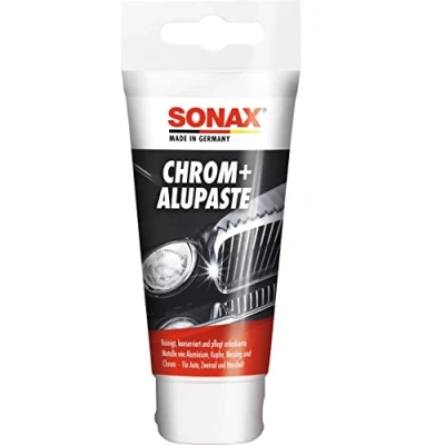 Abbildung von SONAX Chrom+AluPaste (75 ml) poliermittelhaltige Pflegepaste zur Beseitigung von Korrosion, angelaufenen und blinden Stellen Art Nr. 03080000