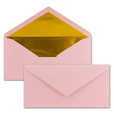 Abbildung von 25 Brief Umschläge DIN Lang Rosa mit Gold Metallic Innen Futter 110 x 220 mm Nassklebung festliche Kuverts für Taufe &amp; Geburt