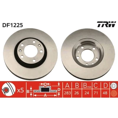 Abbildung von TRW DF1225 Bremsscheibe 283 26 5 108 Belüftet lackiert hochgekohlt mit Schrauben PEUGEOT: 407 Saloon