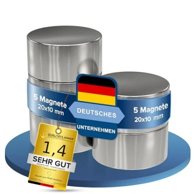 Abbildung von 5 Stück Neodym Power Magnet silber Scheibenmagnet extra stark rund Durchmesser 20x10mm hoch starke Supermagnete Haftkraft ca. 13kg für Magnettafel, Werkstatt