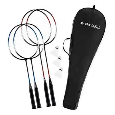 Abbildung von Navaris Badminton Set inkl. Federbälle Federball Spiel mit extra Kinder Badmintonschläger Federballset Tragetasche in Rot und Blau