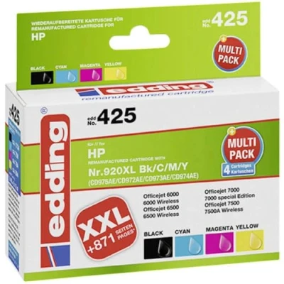 Abbildung von edding Druckerpatrone EDD 425 Multipack 4 Schwarz, Cyan, Magenta, Gelb 1x 48 ml + 3x 12 Reichweite 1735 960 Seiten Ersetzt HP 920XL (CD975/CD972/CD973/CD974)