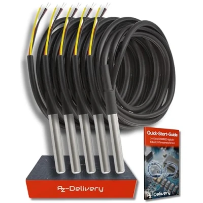 Abbildung von AZDelivery 5 x 1M Kabel DS18B20 digitaler Edelstahl Temperatursensor Temperaturfühler, wasserdicht kompatibel mit Arduino und Raspberry Pi inklusive E Book!
