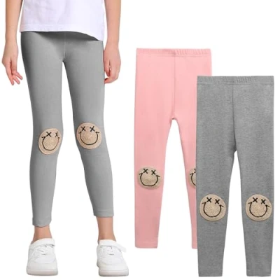 Abbildung von SPFASZEIV Mädchen Leggings Kleinkind Hosen mit Lächeln Gesichts Muster Kinder in voller Länge 2er Pack 12 Jahre (Rosa + Grau)