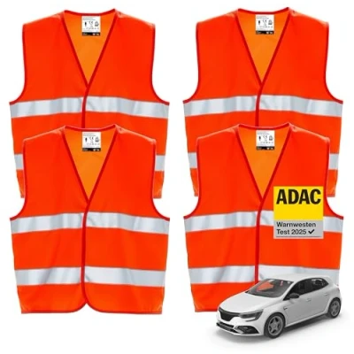 Abbildung von 4er Warnwesten Auto ISO20471 orange 2024 leuchtende &amp; reflektierende Sicherheitswesten für PKW LKW Autozubehör Notfälle und Pannen