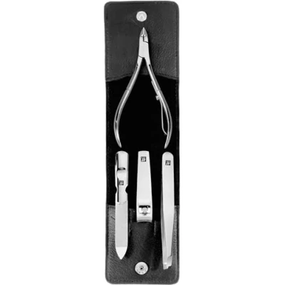 Abbildung von ZWILLING Maniküreset (4 Teilig, Druckknopf Etui, Echt Leder, Ergonomisches Design, mit Nagelhautzange), Edelstahl Poliert , Schwarz
