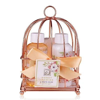 Abbildung von Accentra Duschset Frauen Geschenkset HONEY JASMINE in wunderschönem Drahtkorb 3 teiliges Pflegeset mit Duschgel, Bodylotion und Badeschwamm Wellness Geschenk Set zum Geburtstag &amp; Valentinstag