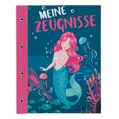 Abbildung von itenga Zeugnismappe mit Buchschrauben erweiterbar für Kinder Jugendliche Erwachsene Mädchen Jungen Schüler (Meerjungfrau)